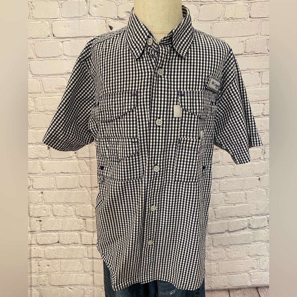 Columbia Sportswear (M) Navy & White Checkered Button-up Shirt w/ Velcro pockets